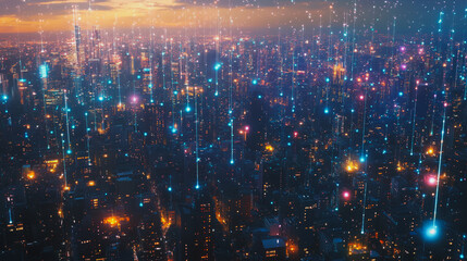 Obraz premium Smart digital Innovation city with connection network reciprocity over the cityscape. of future smart wireless digital city and social media networking systems that connects people with in city 