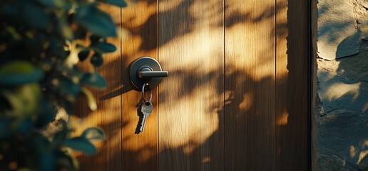 A close-up shot of a key in a door lock with sunbeams shining through the leaves of a bush.