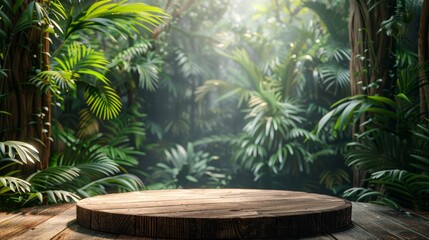 Fototapeta premium A round wooden platform in a tropical jungle with lush foliage and sunlight streaming through the leaves.