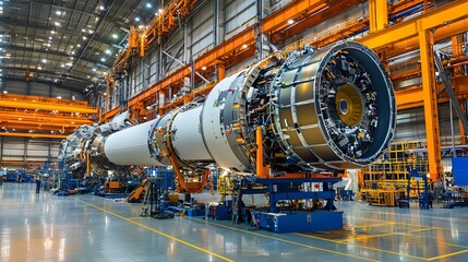 Engineers and technicians working together in a vast industrial hangar