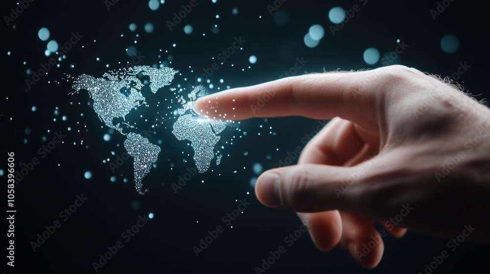 Poster a close up shot of a hand interacting with a holographic interface displaying a map of the world, re