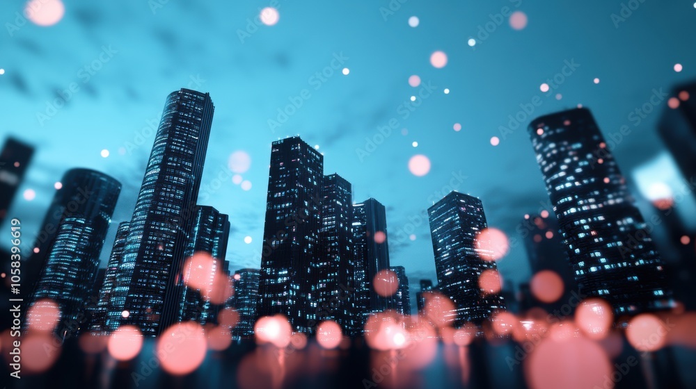 Poster a panoramic view of a modern city with buildings illuminated by the glow of a global platform interf