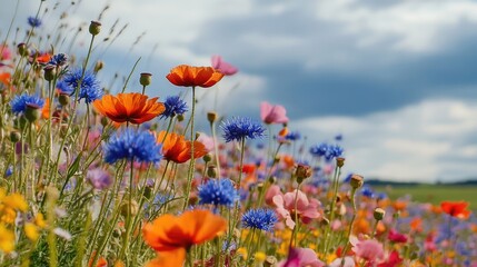Obraz premium Colorful Wildflower Meadow Under Dramatic Sky