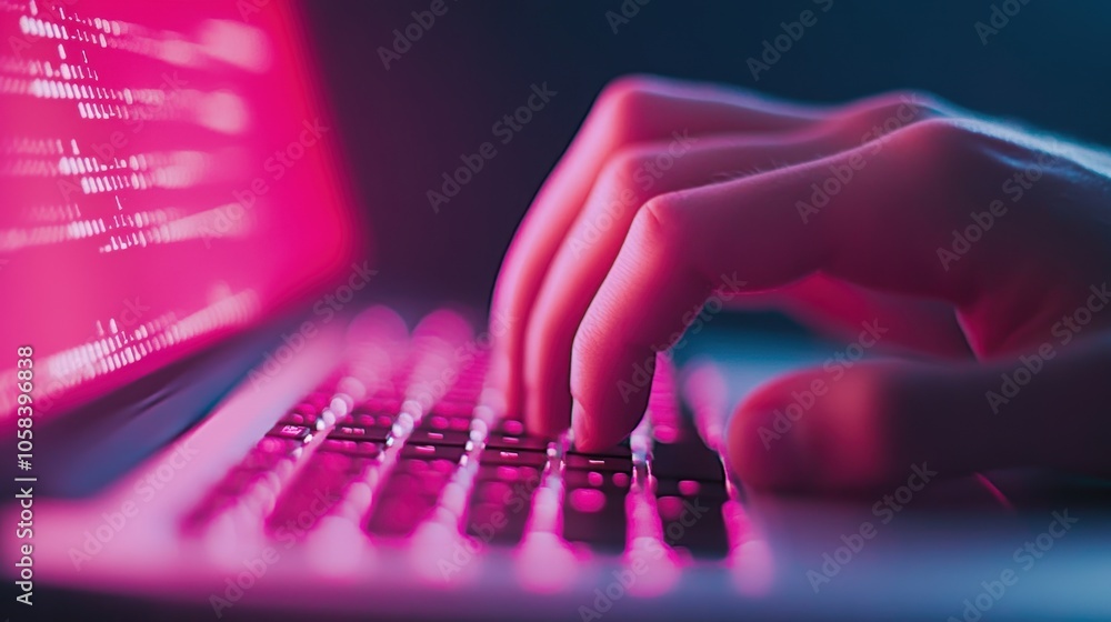 Poster a close up shot of a hand typing on a keyboard, with lines of code displayed on the screen, represen