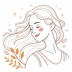 Stylized illustration of a young woman with flowing hair, surrounded by leaves and stars