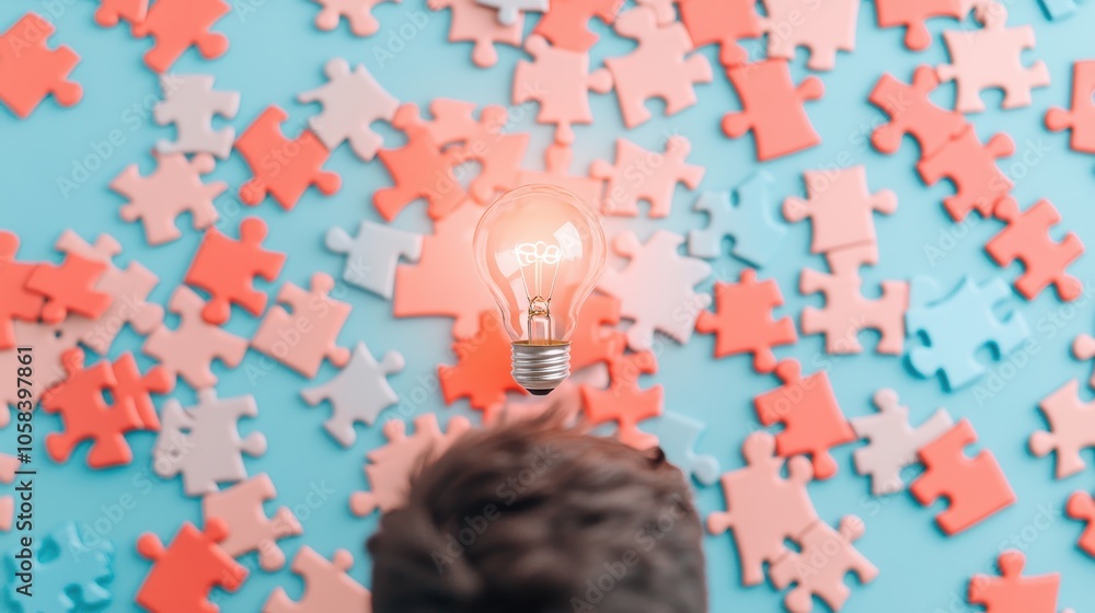Poster a person surrounded by puzzle pieces, with a lightbulb above their head representing finding the sol