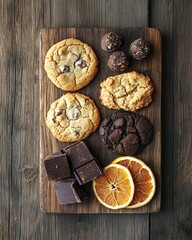 Fototapeta premium Freshly baked cookies assortment with truffles and dried orange accent