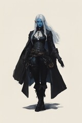 A confident blue-skinned elf dressed in dark attire walks purposefully through an ethereal realm at twilight