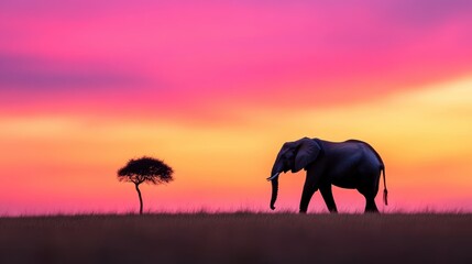 Naklejka premium A lone elephant silhouetted against a blazing sunset, highlighting the urgency of tackling climate change to protect vulnerable species.