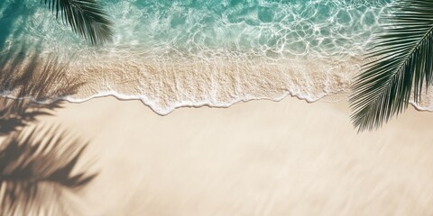 Top view of Empty abstract sand beach with palm leaf shadow and transparent water wave from