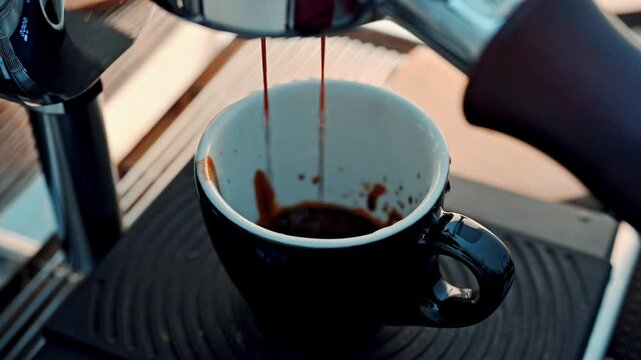 4K Pouring coffee stream from professional machine in cup. Barista man making double espresso, using filter holder. Flowing fresh ground coffee. Drinking roasted black coffee in the morning