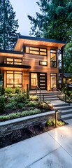 Fototapeta premium Modern House with Stone Wall and Landscape Lighting at Dusk.