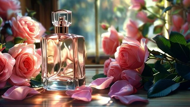 bottle of perfume with rose
