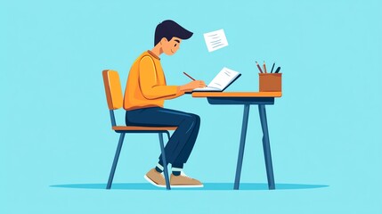 Young man studying at a desk, writing notes, creative workspace, blue background.