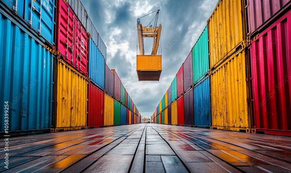 Poster A crane hovers over rows of colorful shipping containers in a port, with the sky partially obscured by clouds.