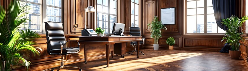 Fototapeta premium Modern Executive Office with Wood Paneling and City View.