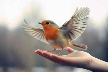 A trainer gently releases a vibrant bird into the air on a serene afternoon