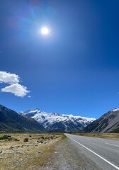 Beautiful nature landscape of Aoraki Mount Cook National park , New Zealand. Road to the mountains