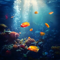 Fototapeta premium Vibrant coral reef teeming with colorful fish in the Red Sea, showcasing the beauty of underwater marine life.