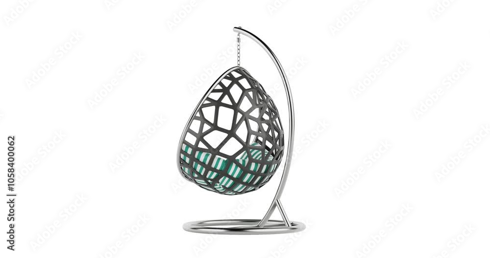 Poster 4k resolution video:modern hanging chair in the shape of an egg with a silver frame and a blue and w