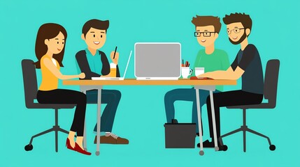 Team collaboration with laptops, discussing ideas and brainstorming in a creative workspace.