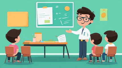 Teacher explaining concepts to students in a colorful classroom setting.