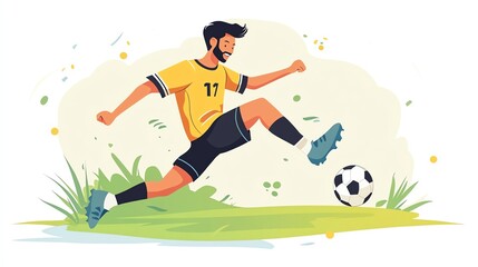 Obraz premium Soccer player kicking a ball in action on a grassy field, illustrating athleticism and movement.