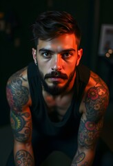 Fototapeta premium A man with intense eyes, floral tattoos on his arms, and a beard, looks directly at the camera. His black tank top and the moody lighting highlight his edgy style