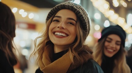 Obraz premium A woman with a big smile on her face is wearing a hat and scarf