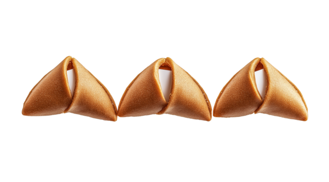 Three fortune cookies in the row close up, created with Generative AI technology, PNG