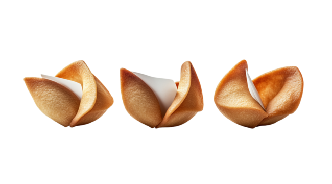 Three fortune cookies in the row close up, created with Generative AI technology, PNG