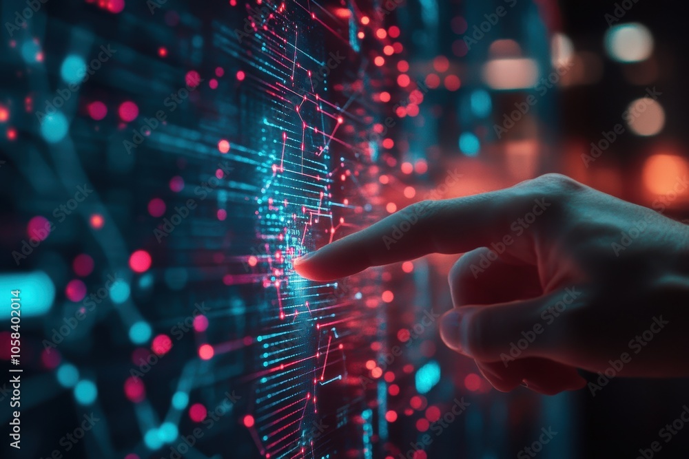 Poster a close-up of a hand pointing toward a glowing digital network interface. the screen is filled