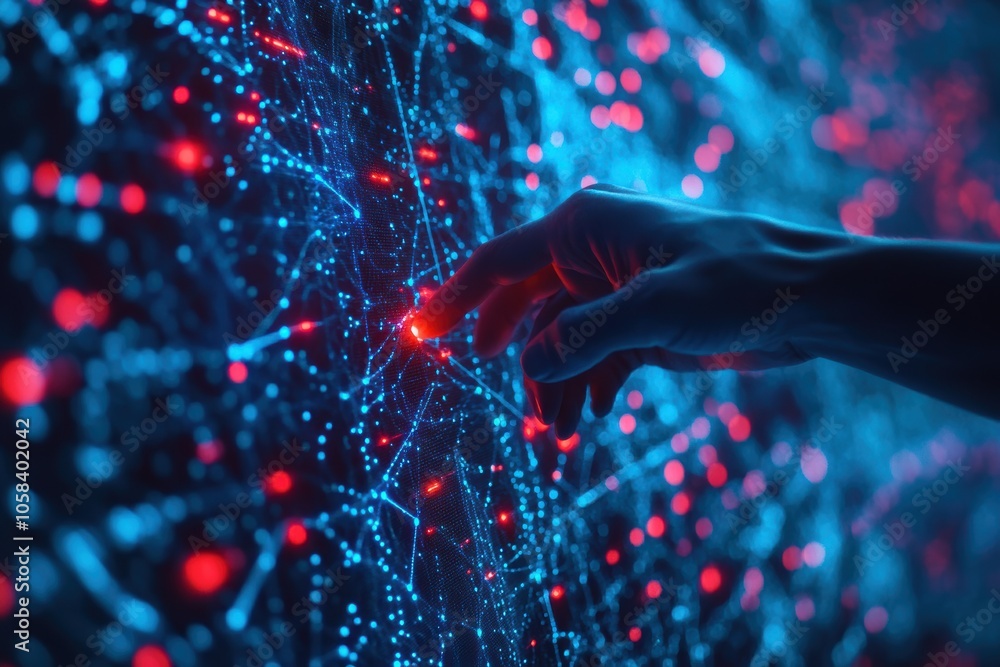 Poster a close-up of a hand pointing toward a glowing digital network interface. the screen is filled