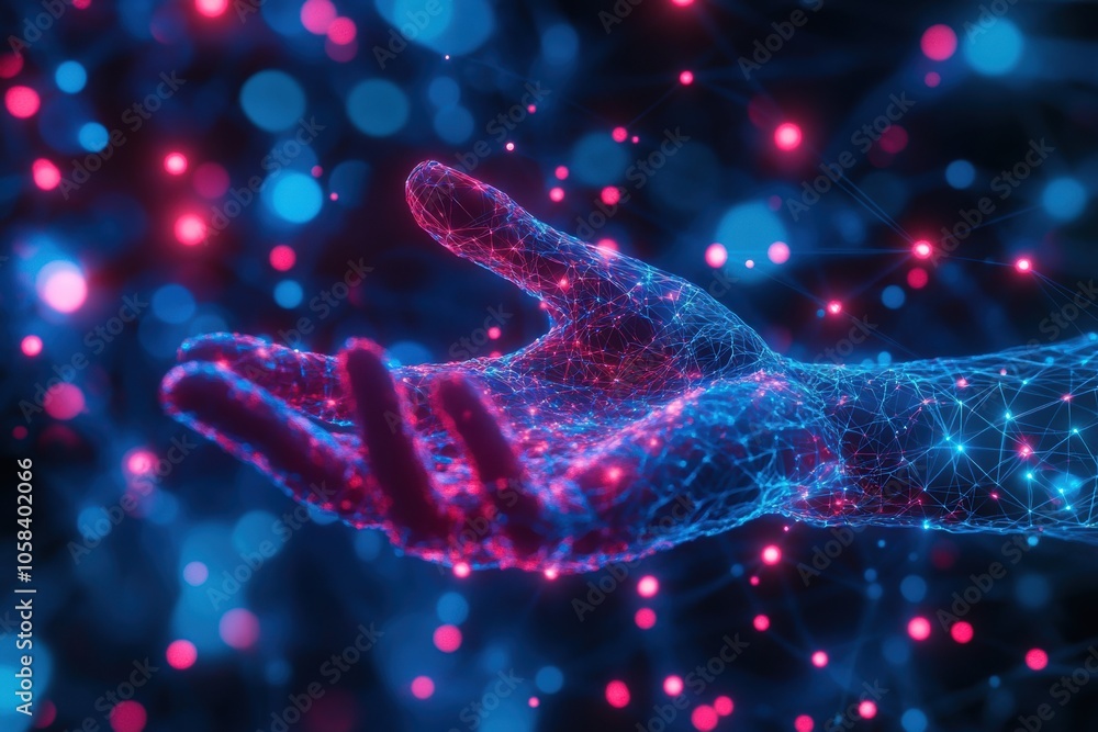 Aufkleber a close-up of a hand reaching out to interact with a glowing network of connected digital
