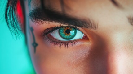 A person with vibrant tattoos and piercing eyes, celebrating their individuality and expressing pride in their personal story.