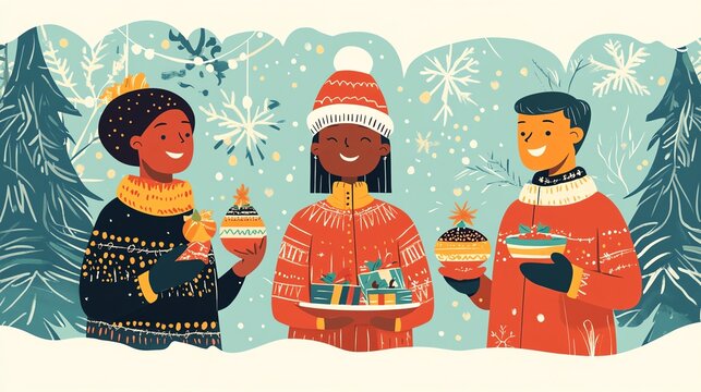 Happy friends celebrating winter festivities with food and drinks. Colorful illustration on a snowy background.