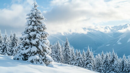 Obraz premium Close-up of a one pine tree against a background of a dense coniferous forest covered in white snow. Winter, nature, landscape, Snowscape, Christmas, Xmas, season, background.