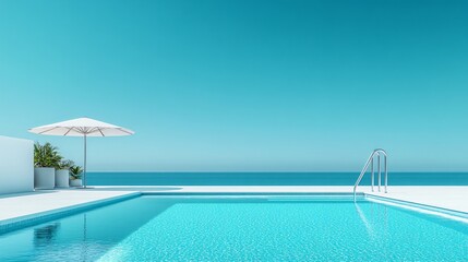 Fototapeta premium Relaxing at a Private Pool by the Beach in a Luxurious Hotel or Vacation Home, Perfect for a Calm and Rejuvenating Getaway