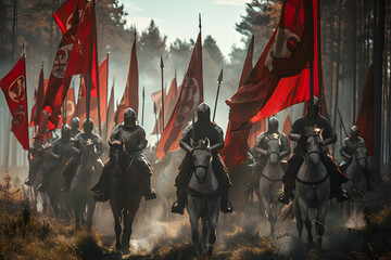 Medieval knights on horseback leading an army of soldiers, red flags, fantasy art style, forest background, digital painting, cinematic lighting, high resolution, Generative AI