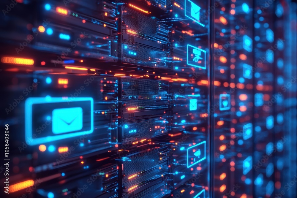 Poster a close-up view of a futuristic data network with glowing blue icons representing communication