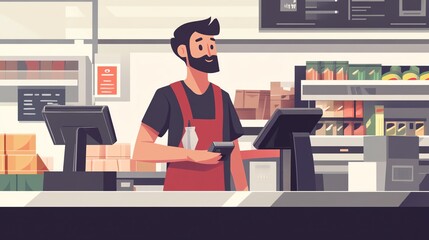 Friendly cashier in a grocery store, standing at the checkout counter, providing customer service.