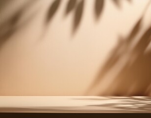 Palm leaf shadow on a beige background, creating a minimalist and serene composition, ideal for product photography or design backgrounds