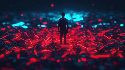 Silhouette of a person surrounded by vibrant red and blue light patterns.