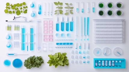 Obraz premium Laboratory Equipment and Green Plants on White Background