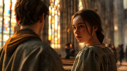 Obraz premium Medieval couple in church, Generative AI