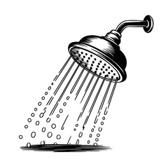 Vector Doodle Art Shower Head with Droplets, Monochrome