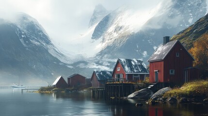 Fototapeta premium Red Cabins in a Misty Fjord