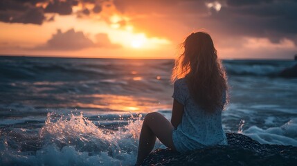 Girl Sitting on Rock by Beach at Sunset