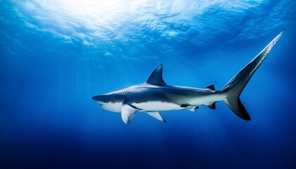 Fototapeta premium Shark swims along a reef in clear blue water