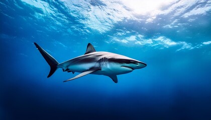 Obraz premium Shark swims along a reef in clear blue water
